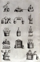 Alchemie: bord dat verschillende modellen van distillatieapparatuur en ketels voorstelt. Athanase Kircher (of Athanasius Kircheri 1602-1680), Duitse jezuïet. Gravure uit de 17e eeuw.