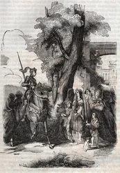 Alcina en haar hof komen Ruggiero begroeten - gravure van 1851 uit het gedicht Orlando furioso (1516) door Ludovico Ariosto - Editie vertaald uit het Italiaans door de Graaf van Tressan en uitgegeven door Gustave Harvard 1851