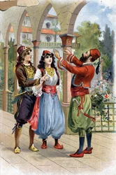 Ali Baba. (Ali-Baba) (Verhalen van Duizend-en-een-nacht): om Morgiane te belonen, geeft Ali Baba haar in huwelijk aan zijn zoon. Chromolithografie uit de 19e eeuw