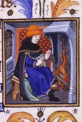 Allegorische voorstelling van februari. Een man warmt zich op voor zijn open haard. Miniatuur van een 14e-eeuws manuscript