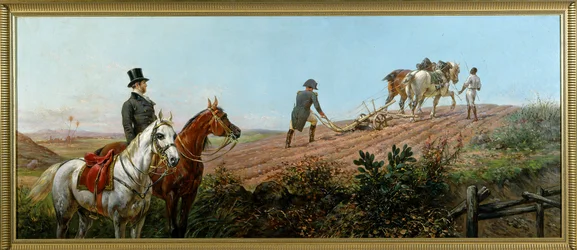 Allegorie met Napoleon die ploegt onder toezicht van zijn zwarte bediende op Sint-Helena, door Olivier Pichat (1825-1912)