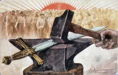 Allegorie van het socialisme met arbeiderssymbolen (aambeeld en hamer)