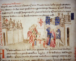 Bondgenootschap van de koning van Frankrijk, Karel VI, met de gemeente Florence in 1396 - in de "Croniche del Sercambi", circa 1400. Nationaal Archief, Lucca.