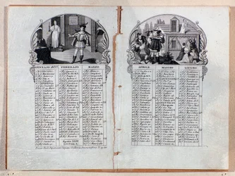 Almanak kalender van het jaar 1837 versierde scènes van de opera La sonnambula, door Vincenzo Bellini