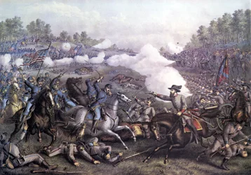 Amerikaanse Burgeroorlog (1861 - 1865): Slag bij Opequon of Derde Slag bij Winchester, Virginia 19 september 1864. Gravure van de 19e eeuw.
