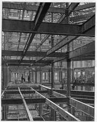 Amerikaanse ijzeren frameconstructies - het frame van het Palace Hotel in Denver Colorado - gravure in 