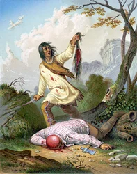 Een Amerikaanse Indiaan die een mes en een scalp vasthoudt boven een man die op de grond ligt