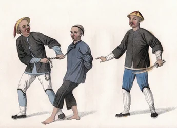 Een beschuldigde wordt naar de gevangenis gebracht, vastgebonden met een ketting om zijn nek. Gravure, in 