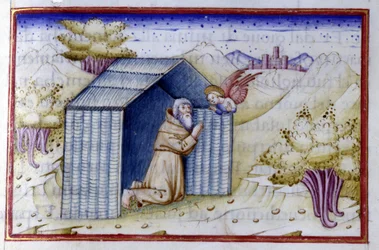 Een engel bezoekt een kluizenaar. Manuscript uit de 15e eeuw. Biblioteca Nazionale Braidense.