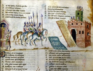 Een leger nadert een kasteel. Miniatuur van de “Roman de Troy” door Benoit de Sainte Maure. 14e eeuw, Biblioteca Marciana, Venetië
