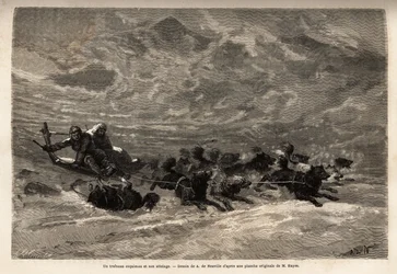 Een eskimo-slee en zijn hondenteam, de snelste en meest betrouwbare manier om in het Noordpoolgebied te reizen. Gravure ter illustratie van de reis naar de vrije zee van de Noordpool, door dokter Hayes, chirurg van de Amerikaanse marine, in 1860-1862, gepu