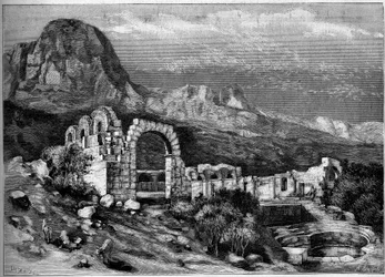 Oude architectuur: ruïnes van de Romeinse tempel van Zaghouan (Tunesië). Gravure door Riugel in "The Illustrous World" nr. 1308 van 22 april 1882.