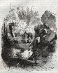 Angelique (Angelica) vlucht voor de oude kluizenaar - gravure van 1851 uit 