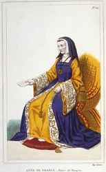 Anne de Beaujeu of Anne van Frankrijk, Franse prinses (1460-1522). Oudste dochter van de dauphin Lodewijk, de toekomstige Lodewijk XI, zij regeerde met de hulp van haar echtgenoot, Pierre de Beaujeu, luitenant-generaal van het koninkrijk, aan wie Lodewijk 