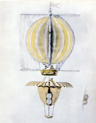 Anonieme tekening van een luchtschipballon met een kegelvormige parachute