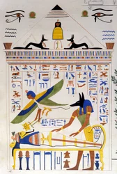 Anubis zorgt voor de mummie terwijl de ziel van de overledene vliegt voor transmigratie - in “Monumenten van Egypte en Boven-Nubië” door Ippolito Rosellini