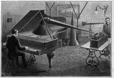 Apparaat voor het opnemen van een pianostuk door de fonograaf, een uitvinding van Thomas Alva Edison (1847-1931). Gravure in 
