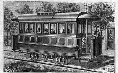 Toepassing van Faure-batterijen: Elektrische tram, model van het bedrijf Omnibus, aangedreven door batterijen. Gravure in Le Monde Illustré
