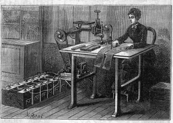Toepassing van Faure-batterijen: snijmachine voor stof aangedreven door de accumulator. Gravure in 