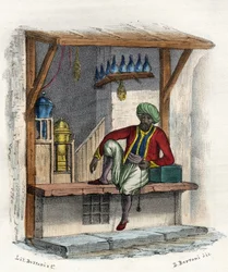 Arabische koopman voor zijn winkel, Algiers