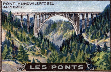 Architectuur en civiele techniek: weergave van de Hundwilertobel brug in het kanton Appenzell, Zwitserland, serie over bruggen, begin 20e eeuw (chromo)
