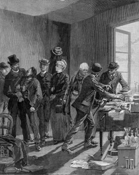Arrestatie in Parijs van nihilisten Reinchtein en zijn vrouw. Gravure tegen het einde van de 19e eeuw (1890?)