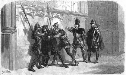Arrestatie van de bastaard van Rubempre onder het bewind van Lodewijk XI. Gravure uit de 19e eeuw.