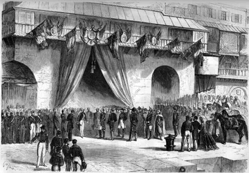 Aankomst in Algiers op 19 september 1864 door de maarschalk van Mac-Mahon (Mac Mahon) (1808-1893), benoemd tot gouverneur-generaal van Algerije. Ontvangst door burgerlijke en militaire autoriteiten onder de boog van de Admiraal