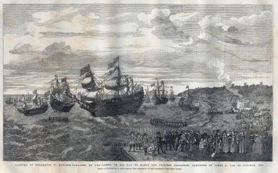 Aankomst van Frederik V van de Palts (1596-1632) in de haven van Gravesend om te trouwen met Prinses Elisabeth van Engeland (1596-1662), dochter van Koning James I (1566-1625) op 16 oktober 1612. Hij werd verwelkomd door James Hay (1e Graaf van Carlisle) (