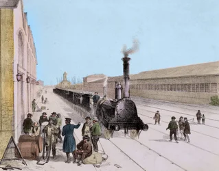 Aankomst van de goederentrein van de Paris Orleans Line - Gravure uit de 19e eeuw - Privécollectie
