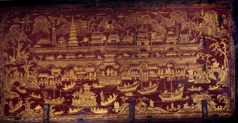 Aankomst van de Portugezen in Nanjing (Nanjing of Namquin), China. Deksel van een met rode en gouden verf beschilderde doos. 17e eeuw. Porto, Nationaal Museum