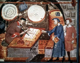 Ambachtswinkel in de 14e eeuw. Miniatuurmanuscript uit de 14e eeuw. Biblioteca Medicea Laurenziana, Florence.