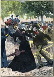 Moord op keizerin Elisabeth van Oostenrijk (Sissi) door de Italiaanse anarchist Luigi Lucheni in Genève in 1898. Illustratie uit 1898. Privécollectie - De moord op keizerin Elisabeth van Oostenrijk (Sissi) door de Italiaanse anarchist Luigi Lucheni, in