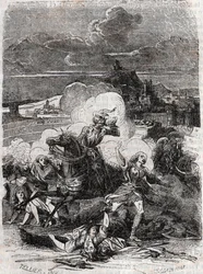 Astolfo jaagt moorddadige vrouwen op de vlucht - gravure uit 1851 van „Orlando furioso” (16e eeuw) door Ludovico Ariosto, bekend als Ariosto - uitgave uit het Italiaans vertaald door de graaf van Tressan en in 1851 uitgegeven door Gustave Harvard