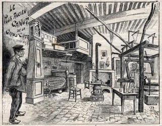 Atelier de Canut in Lyon - de oudste canut van de Grand Côte sinds 1814 - gravure in 