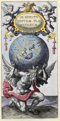Atlas draagt de wereld. Gravure uit het begin van de 17e eeuw.