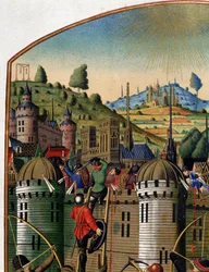 Aanval op het kasteel van Filips Augustus met uitzicht op Parijs en de galg van Montfaucon tijdens de 100-jarige oorlog, midden 15e eeuw (detail)