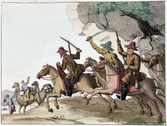 Aanval op kameelkaravaan door een groep Kirgiezen (Centraal-Aziatische Turkse mensen van Mongoolse oorsprong) te paard, begin 19e eeuw