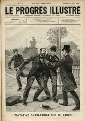 Aanval op Mr. Fernand Labori (1860-1917), advocaat in de verdediging van Alfred Dreyfus (1859-1935), geraakt door een kogel in de rug in Rennes terwijl hij op weg was naar de plaats waar de zaak werd berecht. Omslag van 