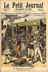 Aanval op een trein door rovers in de buurt van Cherkessklui, na het organiseren van de ontsporing van het konvooi, vangen Athanos en zijn rovers de passagiers om ze te ruilen voor een wrok. Gravure in 
