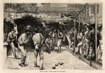 Balspelers in Rome (Italië). Gravure ter illustratie van de reis naar Rome, door Francis Wey, in 1864-1868, gepubliceerd in 
