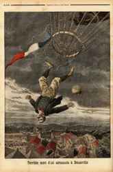 Ballonongeluk in Beuzeville, na een verlies van gas verloor de luchtvaarder de controle en viel uit zijn ballon, waarin hij zonder gondel was ingestapt. Gravure in 