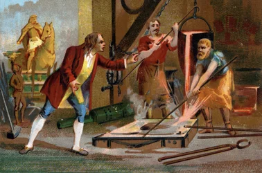 Balthazar Keller (1638-1702), goudsmid en oprichter, goot in één keer het eerste ruiterstandbeeld in 1699. Late chromolithografie van de 19e eeuw