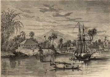 Bangalow, huis van Sir James Brooke, bekend als de Rajah van Sarawak (1803-1868) Britse avonturier eerste witte radja van Sarawak in de buurt van Sarawak (Borneo). Gravure in 