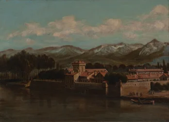 Oevers van de Isère in Grenoble, bergzicht 1864