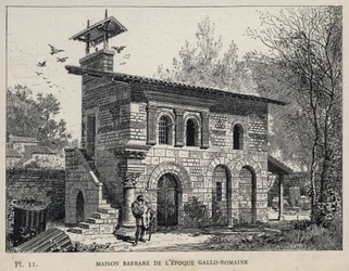 Barbarian House van de Gallo-Romeinse periode (Gallo-Romeins) - (Barbarian House Gallo-Romeinse tijdperk) gravure van 1889 in 