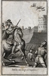 Barbaarse invasies - Attila (ca. 406-453), koning van de Hunnen, tijdens het beleg van Aquilea in Italië, 452. Gravure in 