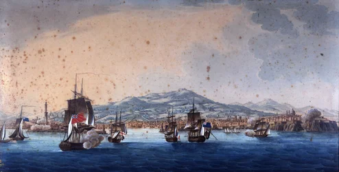 Slag in de haven van Genua tussen Franse en Engelse schepen. Andre Massena leidt het hoofdkwartier van Genua. Anonieme schilderij uit de 19e eeuw. Museo Navale de Genova Pegli