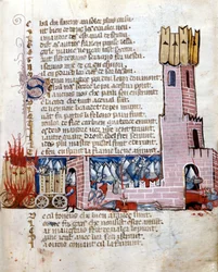 Slag in een kasteel. De tanks staan in brand. Manuscript uit de 13e eeuw. Marciana Venetië