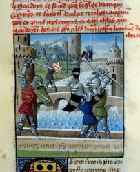 Slag van ridders Palamede en Artus. Miniatuur in “Roman Du Grail”